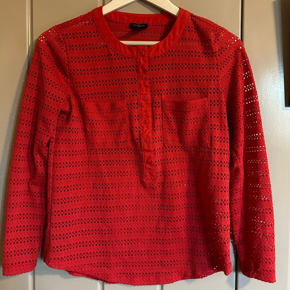 Bright Pink Open knit partial button down blouse  Ann Taylor shirt